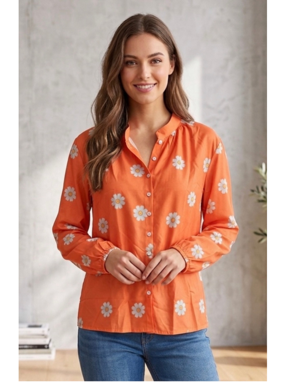 SHEIN LUNE CURVE Plus Size Women Fashion Floral Print Orange Shirt NEW Size 2XL